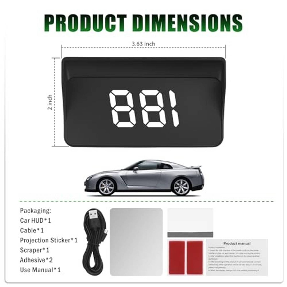 Car HUD display with product dimensions graphic and included accessory cable and stickers