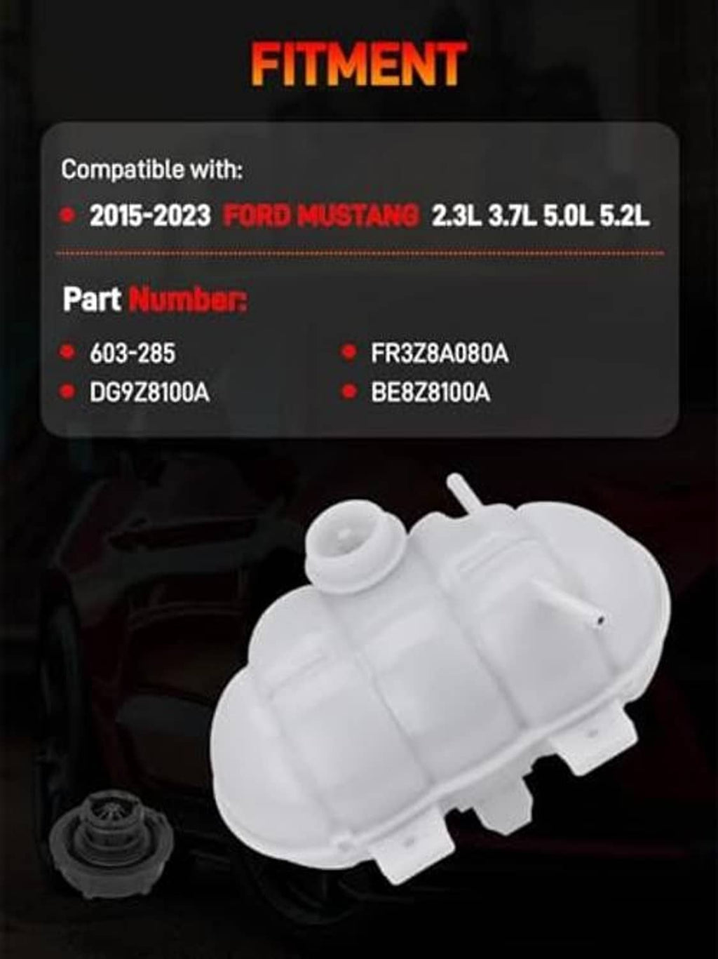 White coolant expansion tank with black cap, molded plastic with mounting pegs