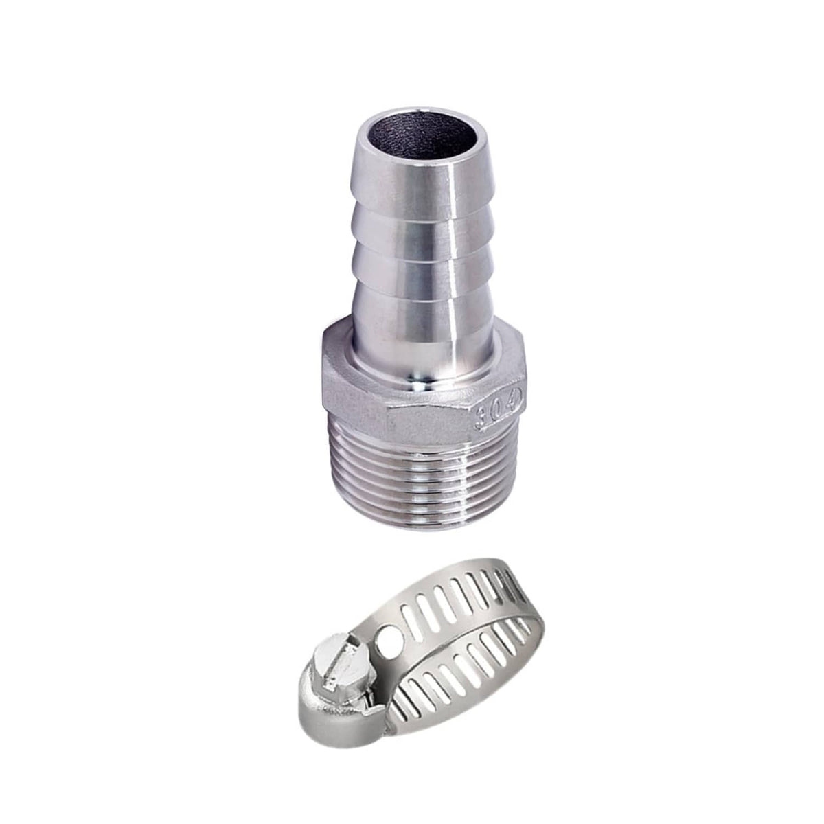 Stainless steel 304 hose fitting, MNPT threads with barbed outlet, 1-1/2 in