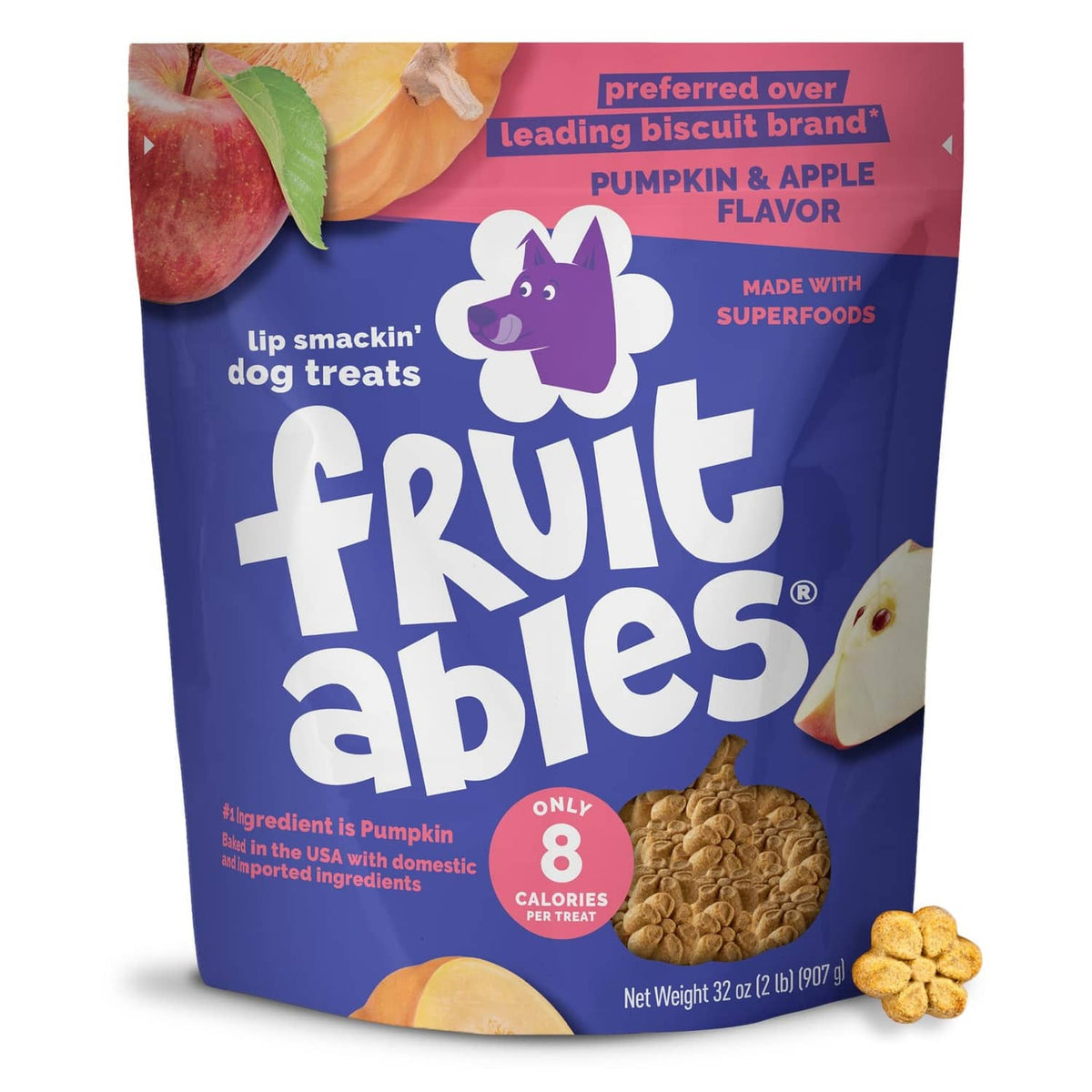 Fruitables baked dog treats bag, pumpkin & apple flavor, 8 calories per treat