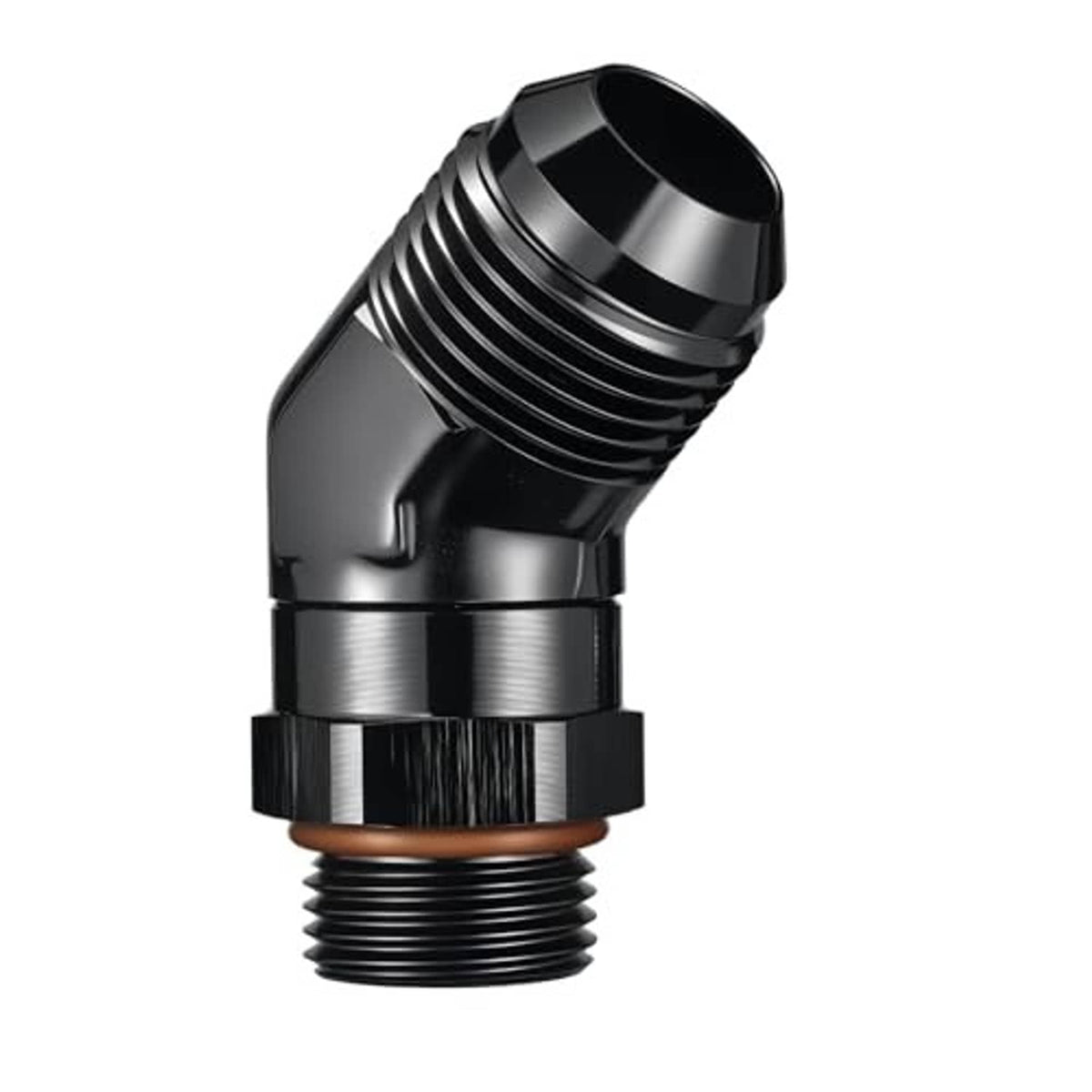 45-degree AN ORB male swivel adapter fitting with black body and silver ribbed threads