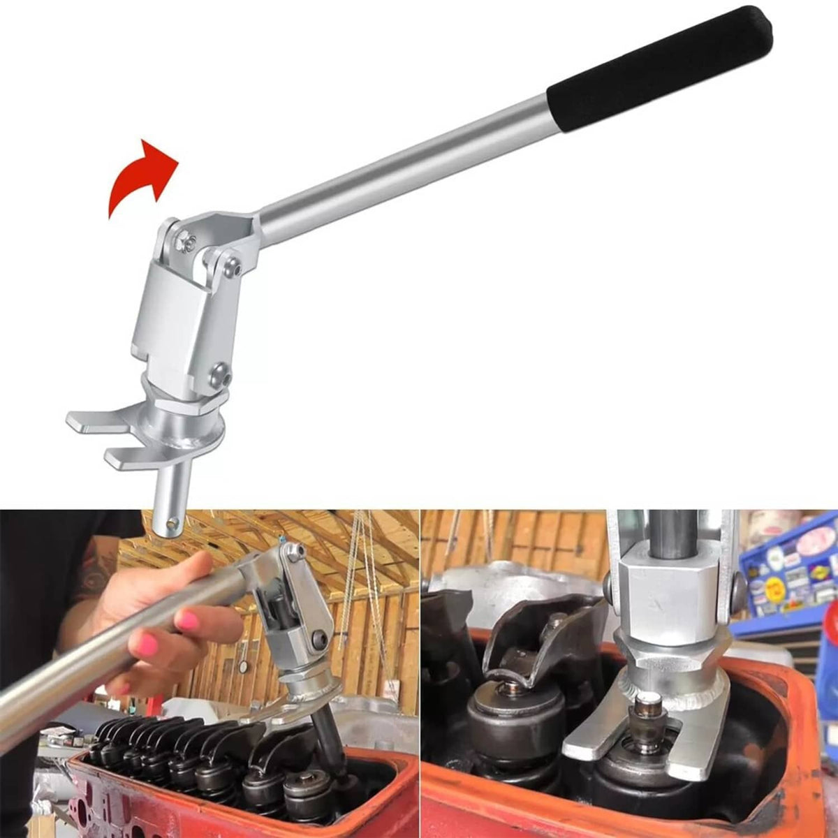 Valve spring compressor tool with black grip handle and fork press tip for valve springs