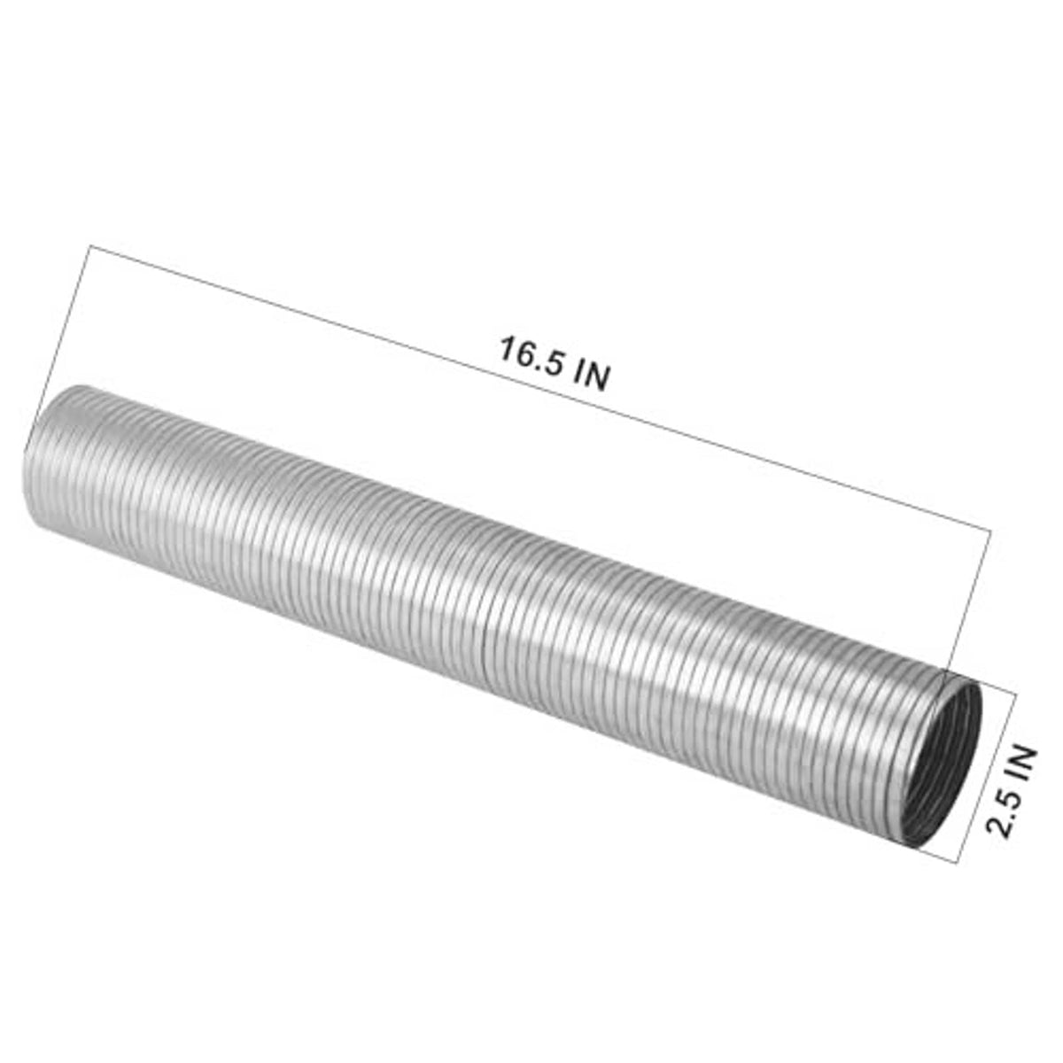 Flexible exhaust pipe with measurements: 16.5 in length, 2.5 in diameter, silver corrugated