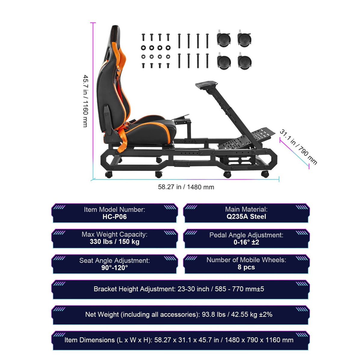 Racing simulator cockpit wheel stand and seat diagram with included hardware layout