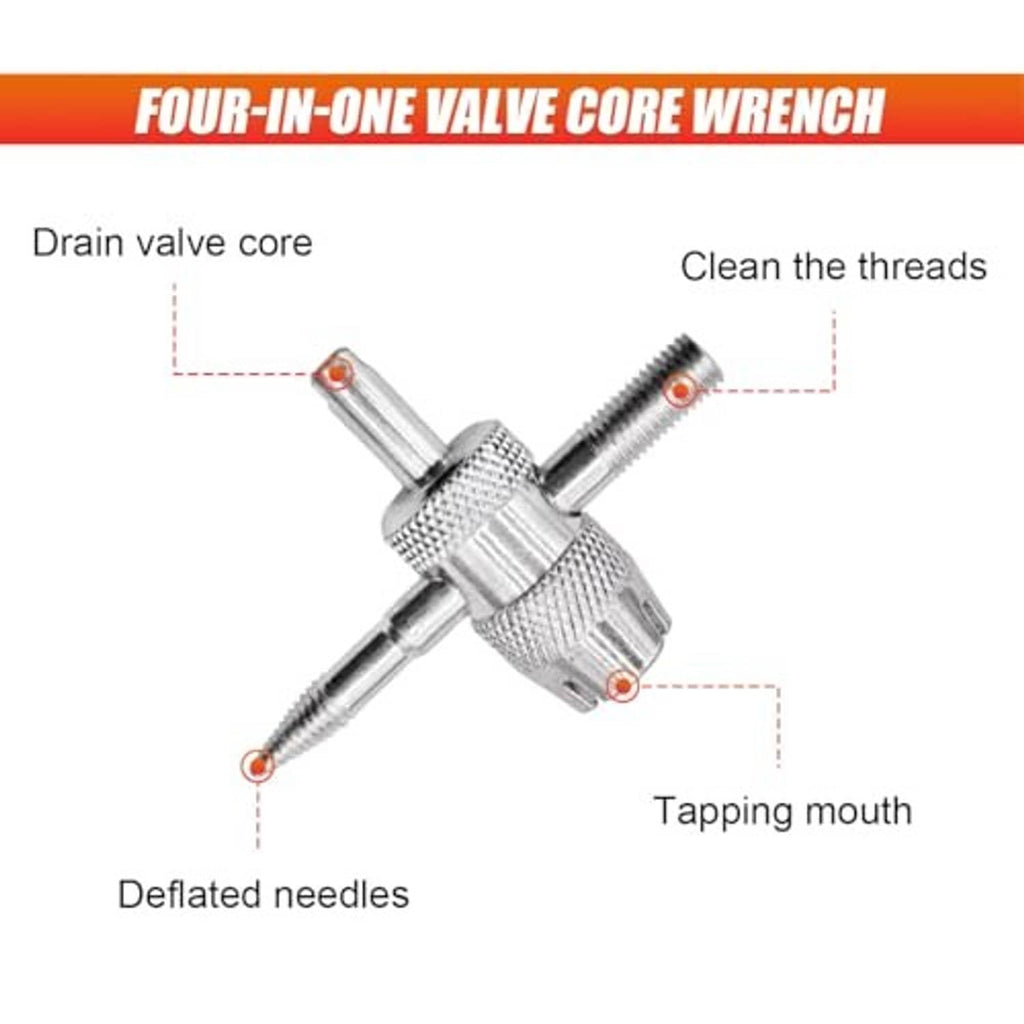 Four-in-one valve core wrench with needle tips and thread-cleaning head