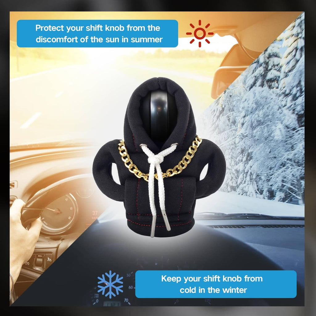 Black shifter knob hoodie cover with open hood, gold chain, and white lace ties