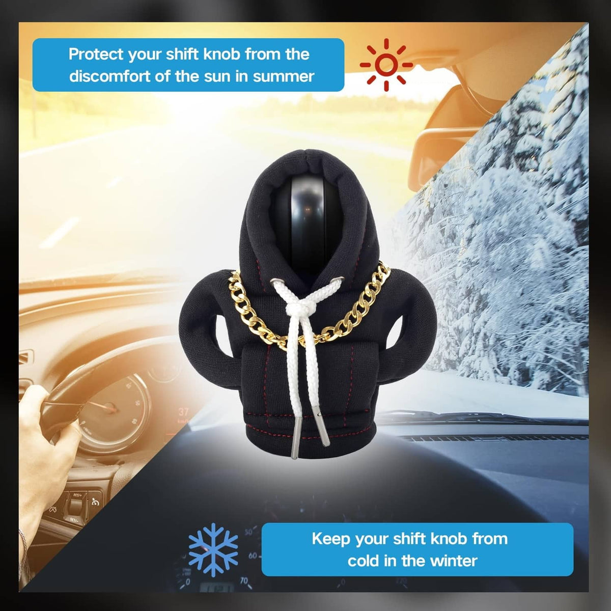 Black shifter knob hoodie cover with open hood, gold chain, and white lace ties