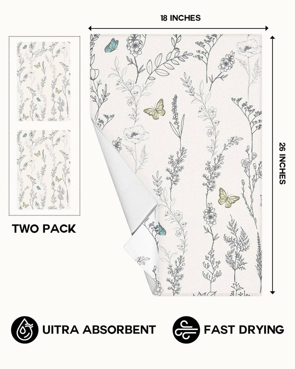 White kitchen towels set of 2 with botanical sprigs and butterfly accents, 18x26 inches