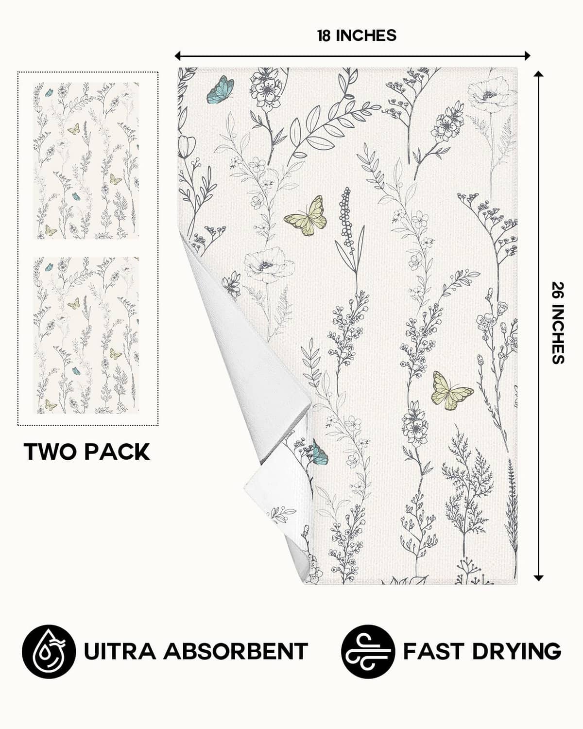 White kitchen towels set of 2 with botanical sprigs and butterfly accents, 18x26 inches
