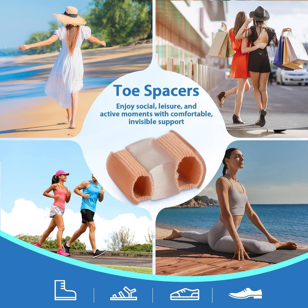 Tan bunion toe separator pair shown on a foot, gel spacer with curved toe loops