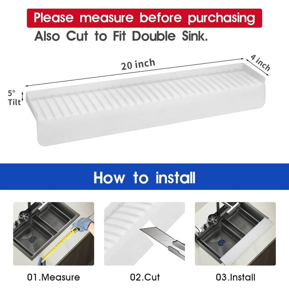 Transparent silicone sink edge protector strip, ridged splash guard, 20 in