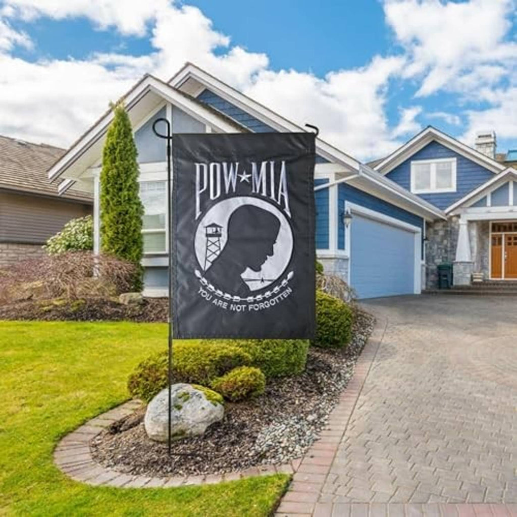 Double-sided embroidered garden flag, dark gray POW*MIA emblem and profile silhouette