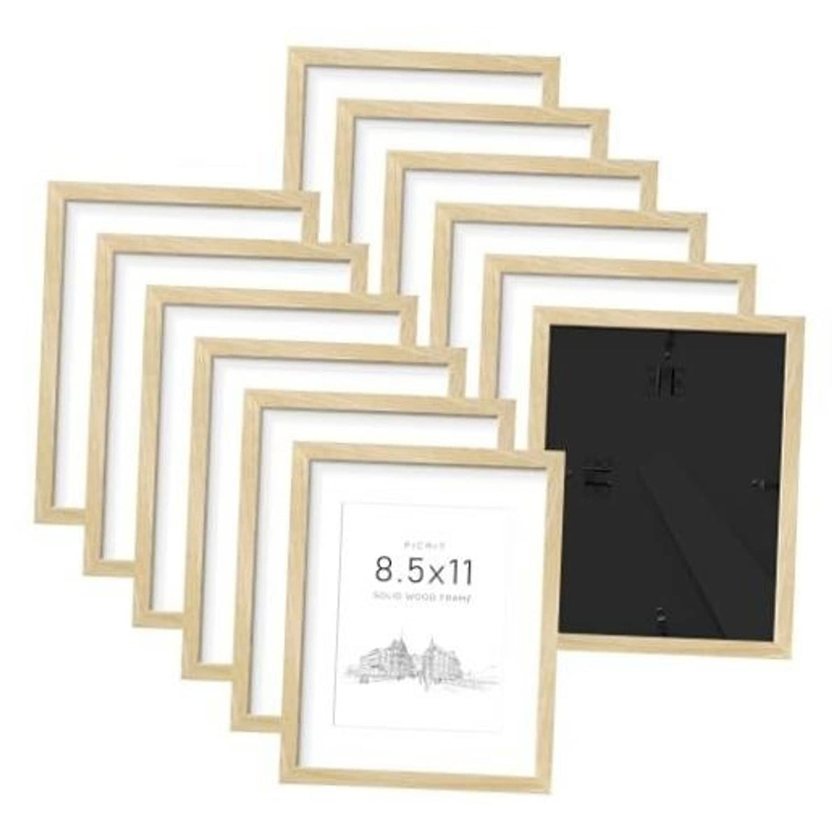 Solid wood picture frame set, natural oak color, 8.5x11 opening, 12-pack layout.