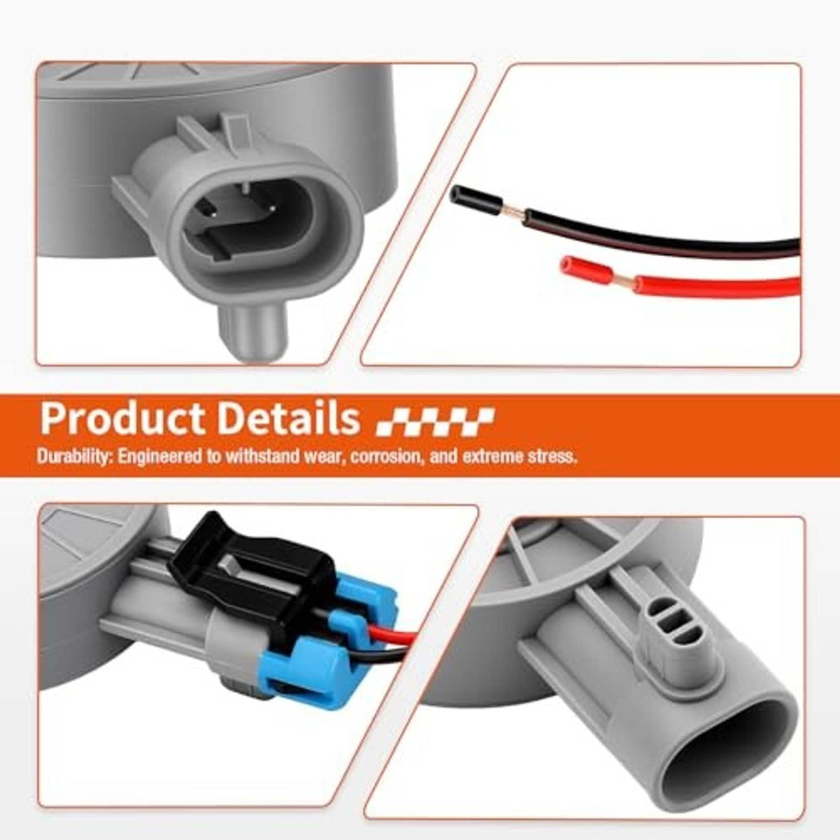 Gray sensor pigtail connector with black housing, blue insert, and red/black leads