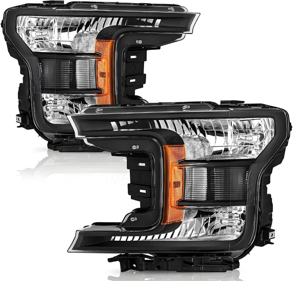 Pair halogen headlight assemblies with black housing, clear lenses, and amber side markers