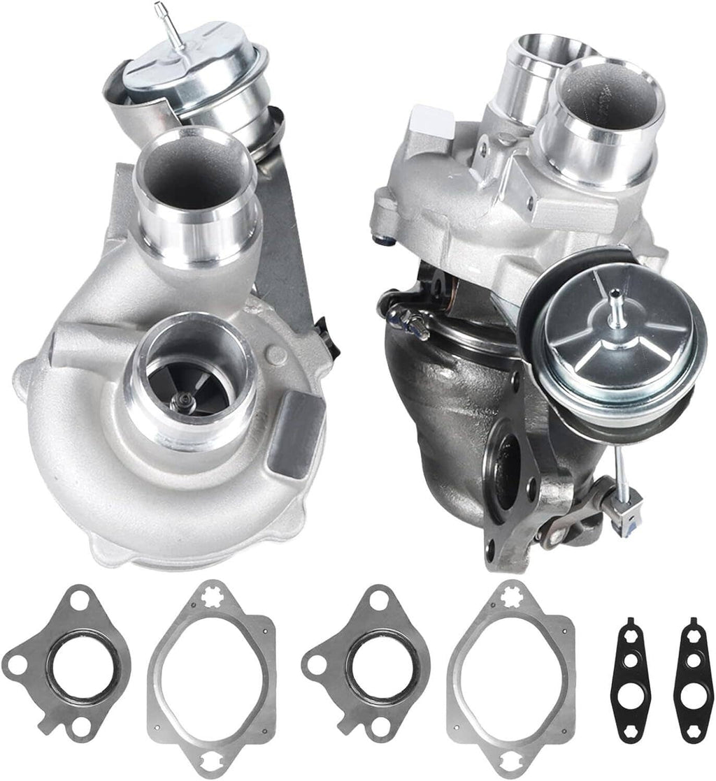 Two turbocharger units with metal housings and included gasket set