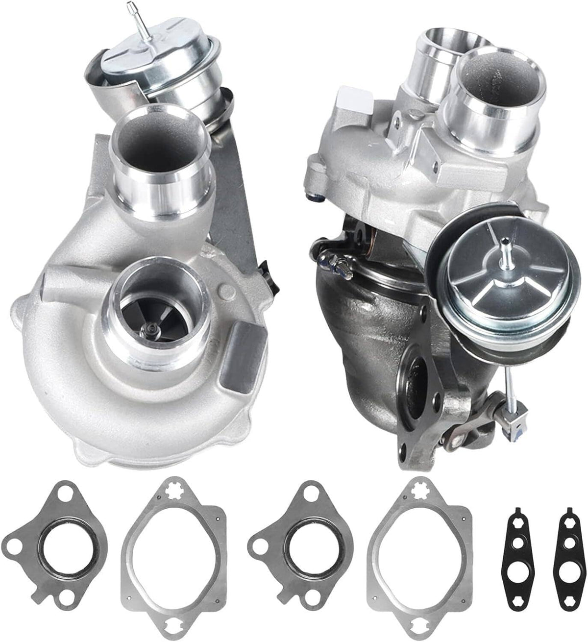 Two turbocharger units with metal housings and included gasket set