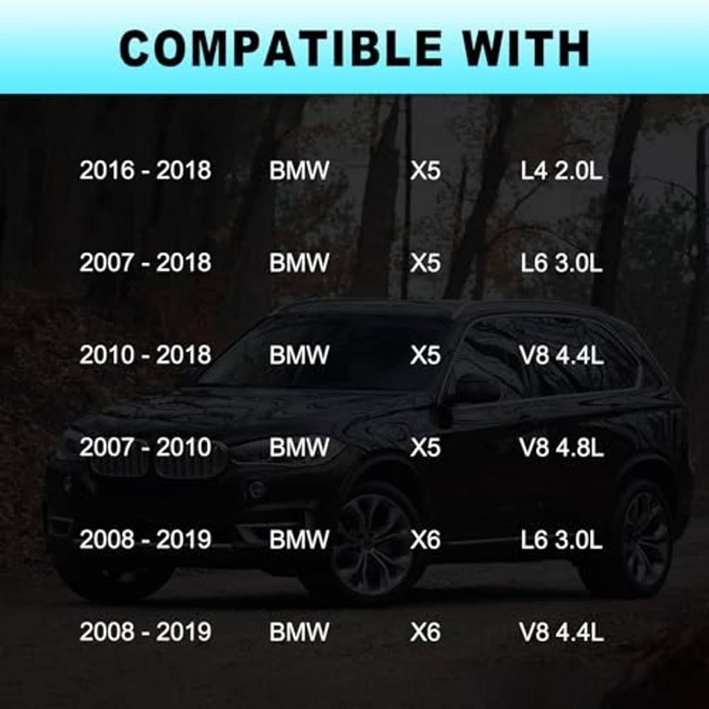 Engine coolant reservoir compatibility chart graphic for selected BMW models and engines