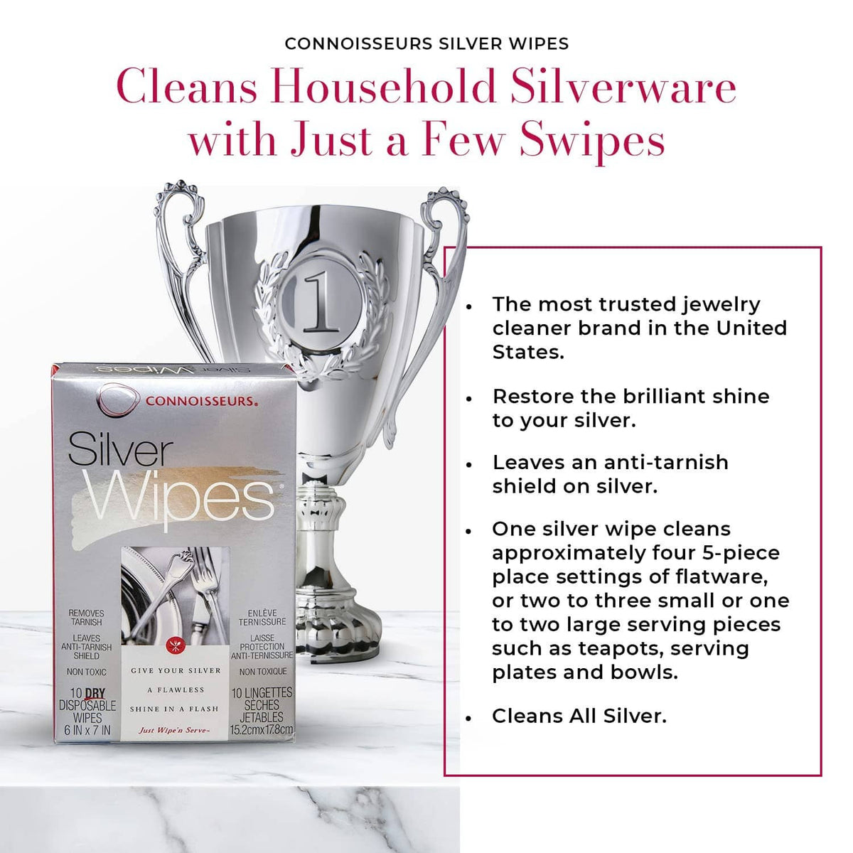 Connoisseurs silver wipes box with trophy and silverware graphic