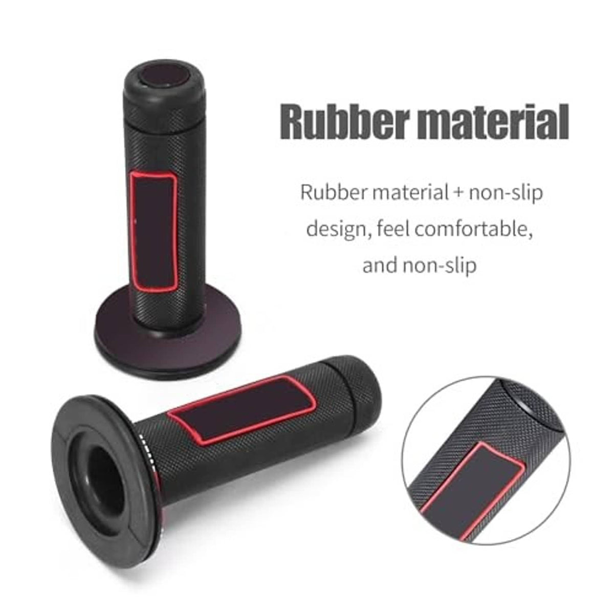 Rubber throttle accelerator grips, black with red trim and textured surface