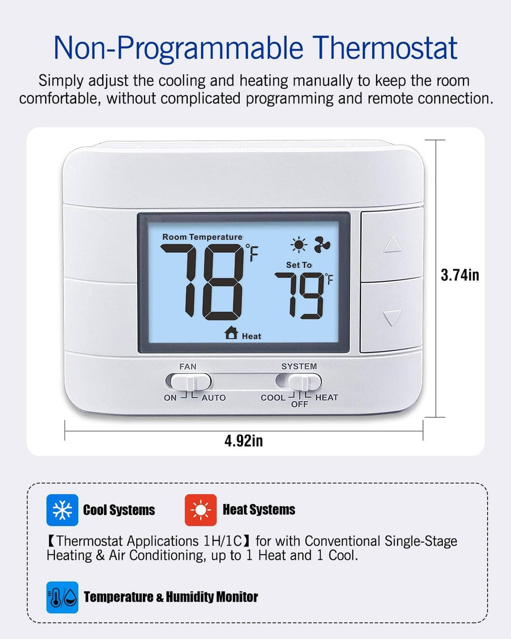 White non-programmable thermostat front with blue backlit LCD and side buttons