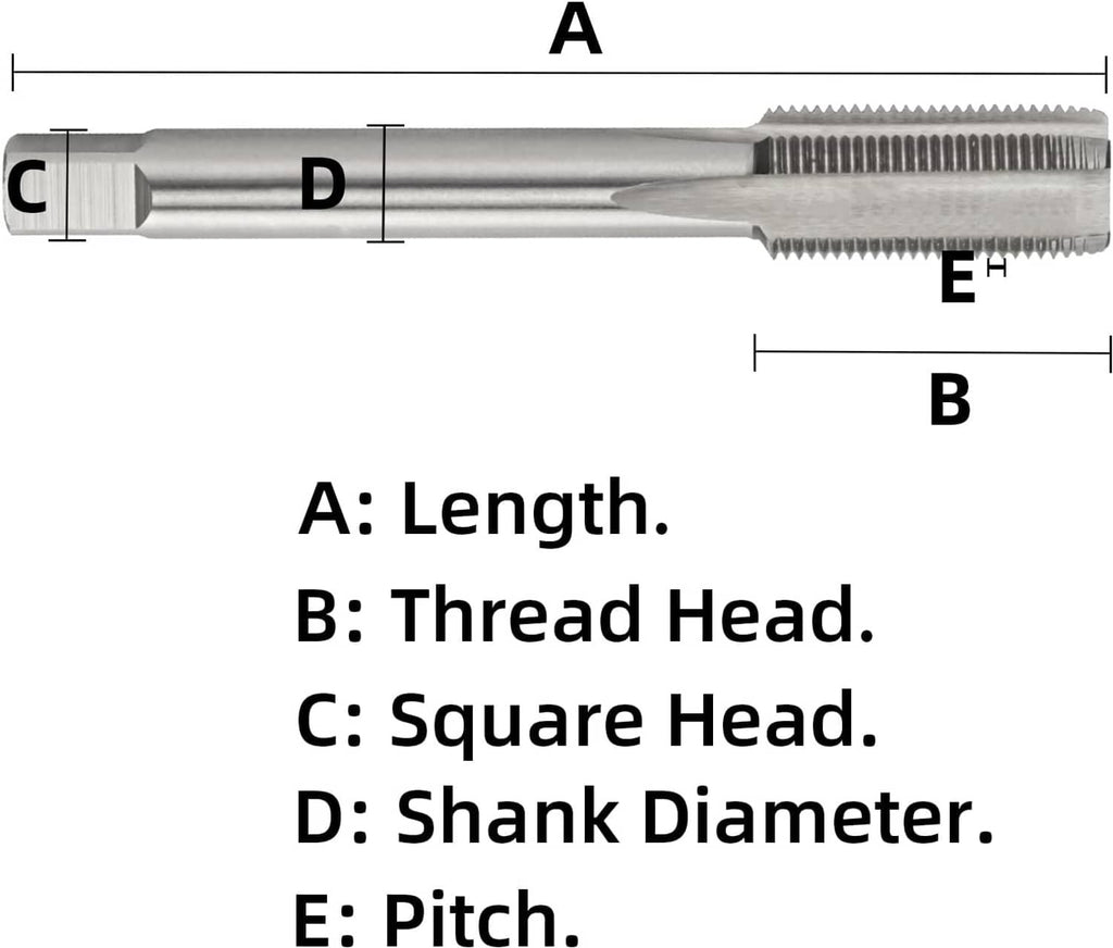 Metric machine tap showing thread head, shank diameter, pitch, and length