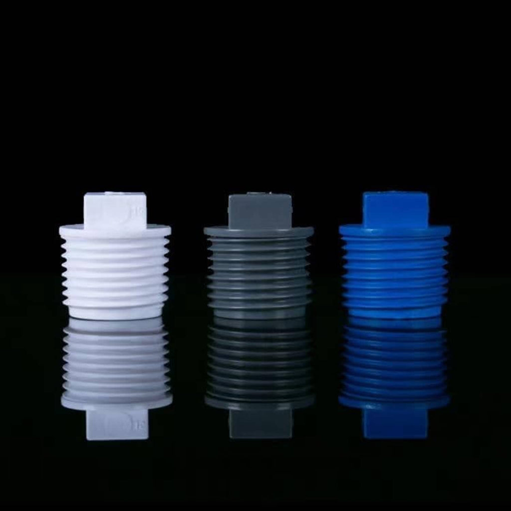 PVC male threaded plug caps: white, gray, and blue shown side-by-side