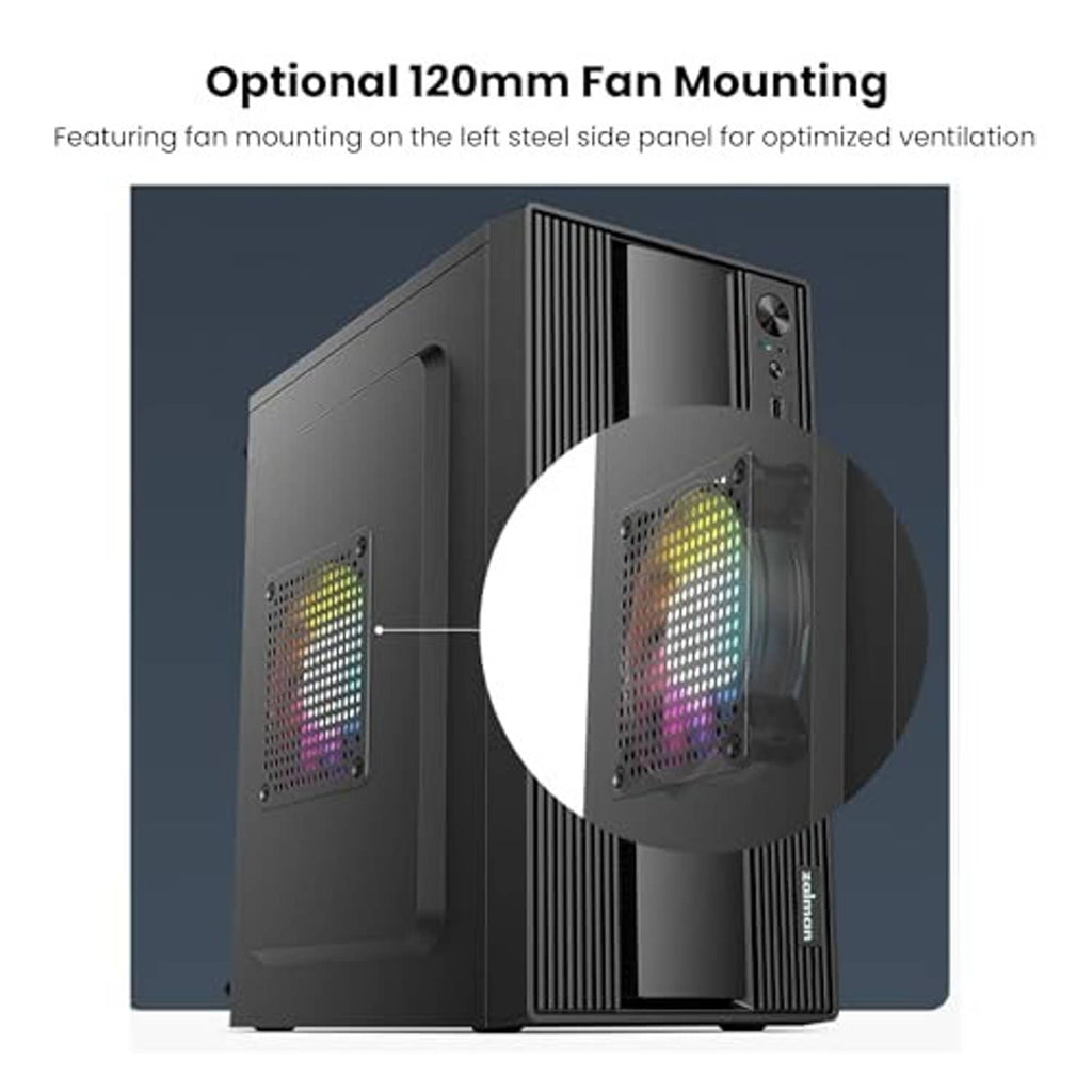 Micro ATX desktop PC case with side mesh panel open, showing illuminated internal component