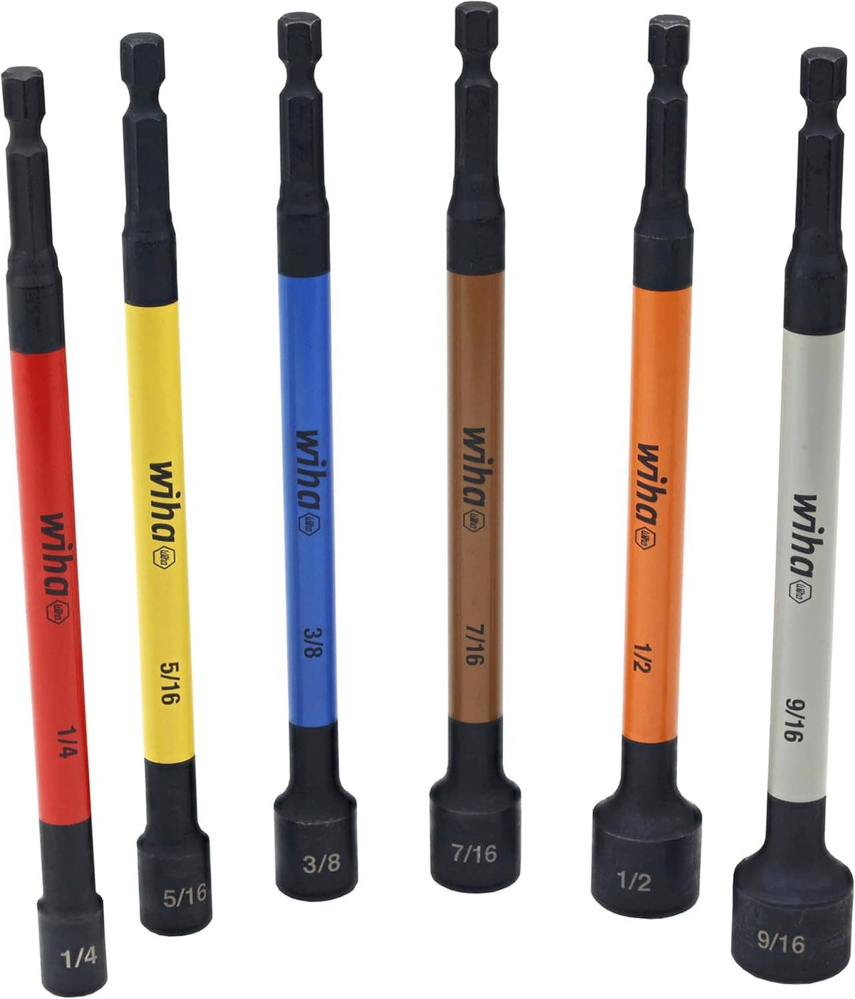 Close-up of six magnetic nut setter bits in red, yellow, blue, brown, orange, gray