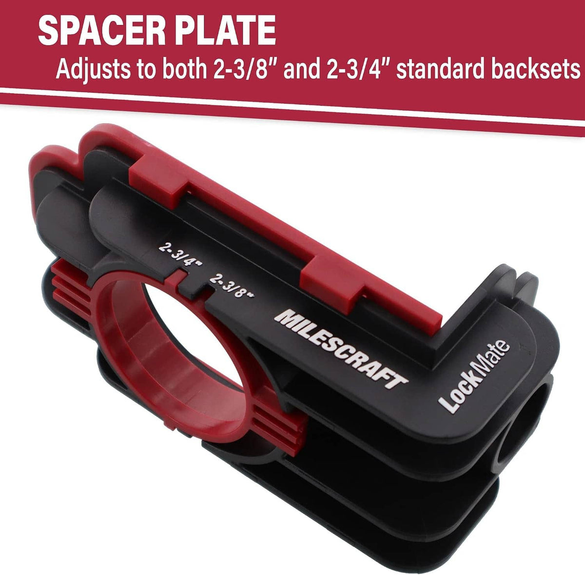 Door lock installation jig with red/black body and labeled spacer plate on the frame