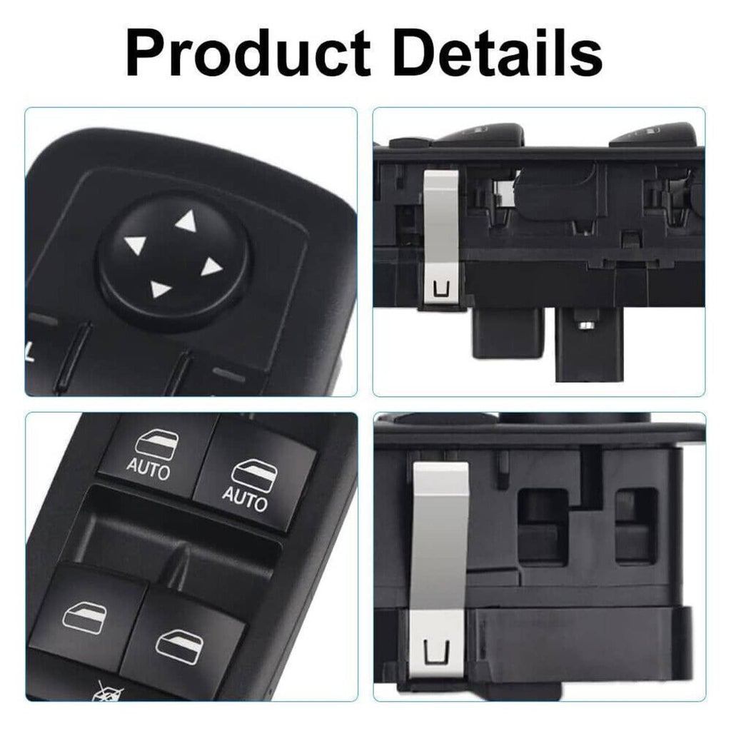 Black power window switch details with auto window buttons and wiring housing