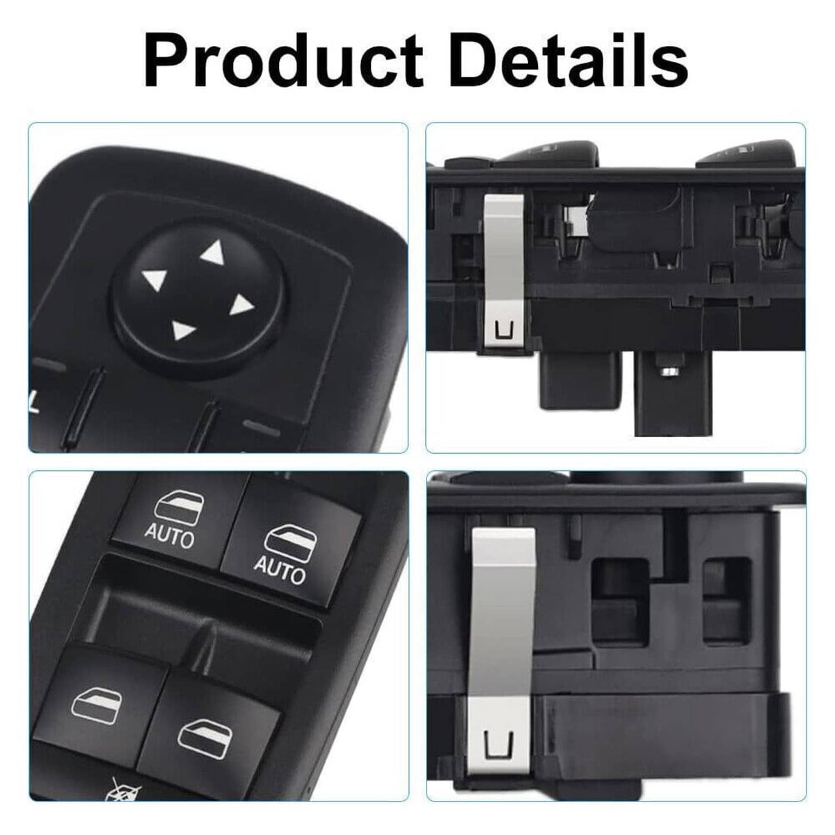 Black power window switch details with auto window buttons and wiring housing