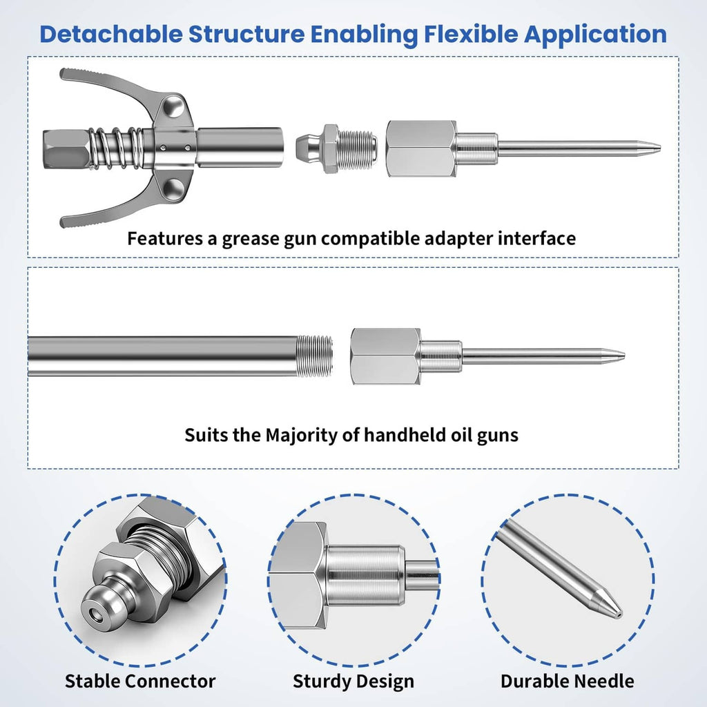 Grease gun adapter connector with detachable metal needle tips and threaded ports