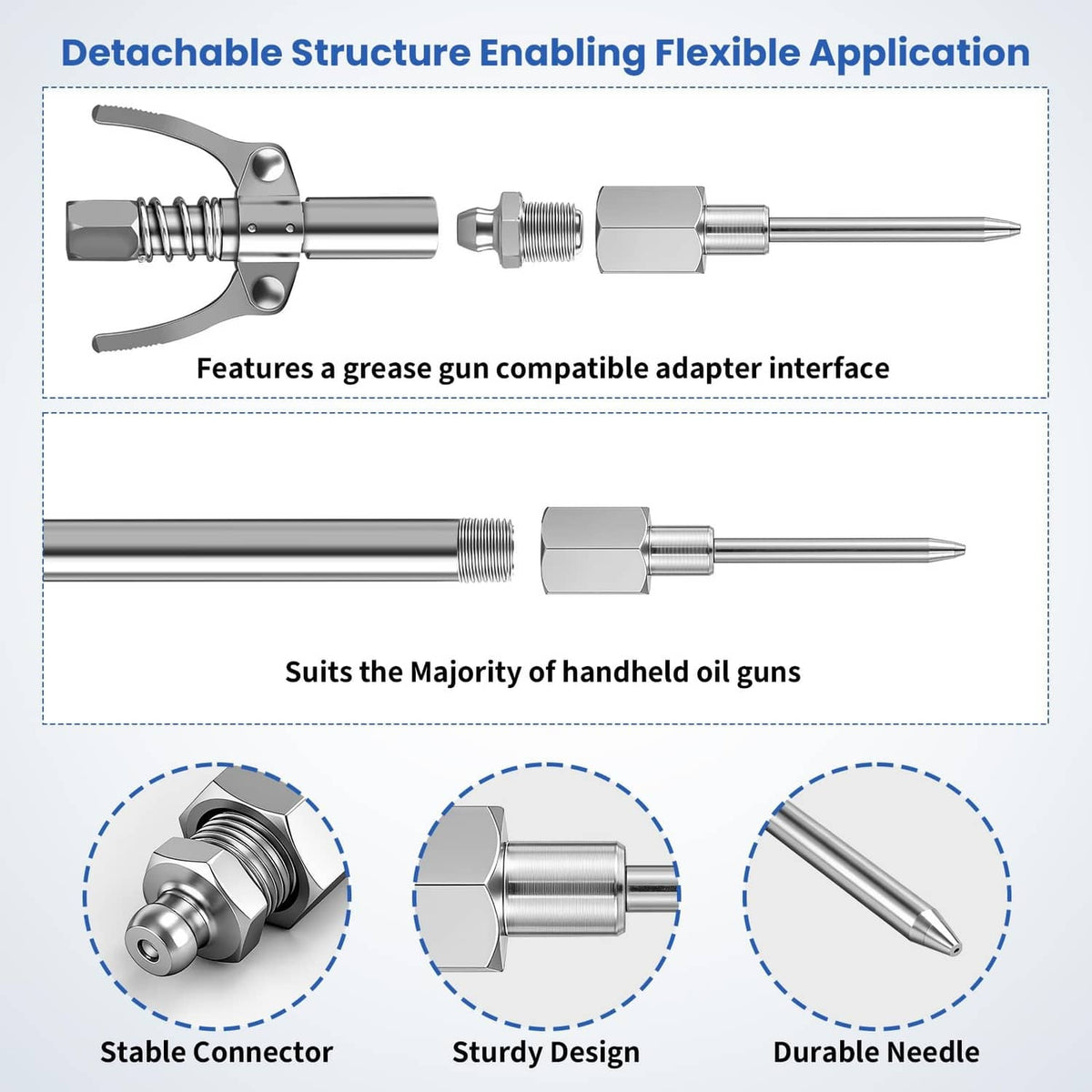 Grease gun adapter connector with detachable metal needle tips and threaded ports