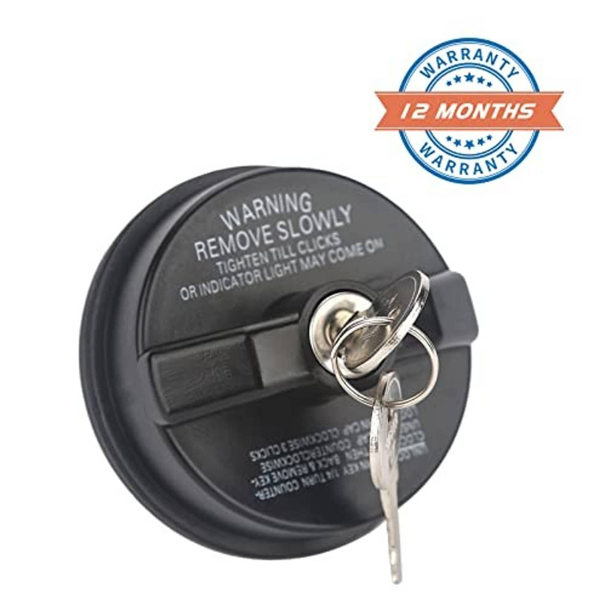 Black locking fuel gas cap with key cylinder and two keys hanging
