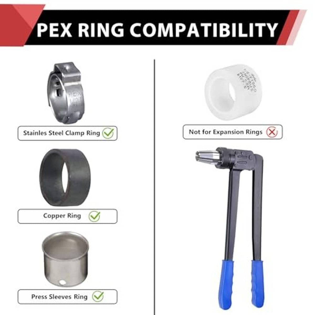 Brass PEX elbow fitting ring compatibility chart with clamp, copper, and press sleeve rings
