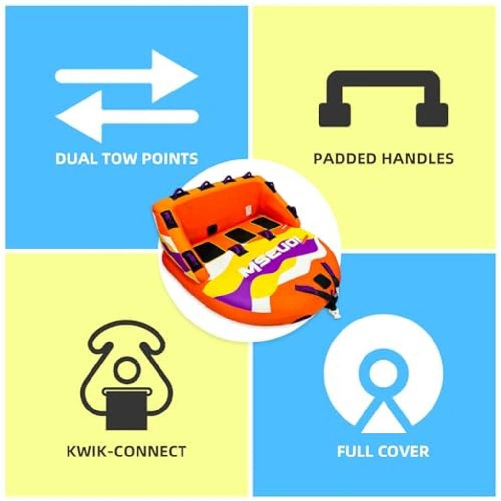 Inflatable towable tube feature graphic with dual tow points and padded handles icons.