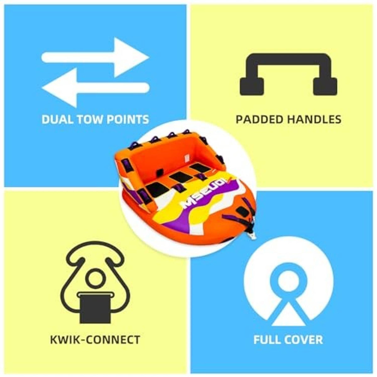 Inflatable towable tube feature graphic with dual tow points and padded handles icons.