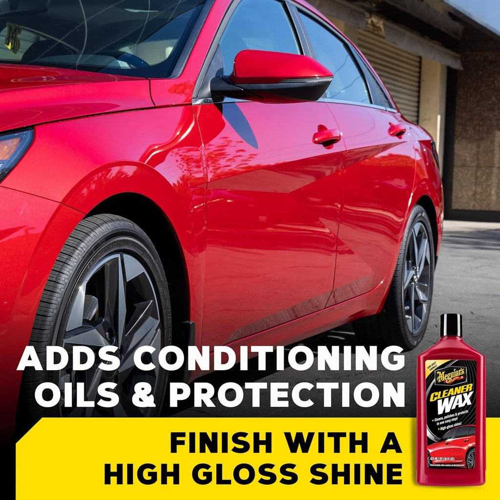 Red liquid cleaner wax bottle next to a red car, for high-gloss finish