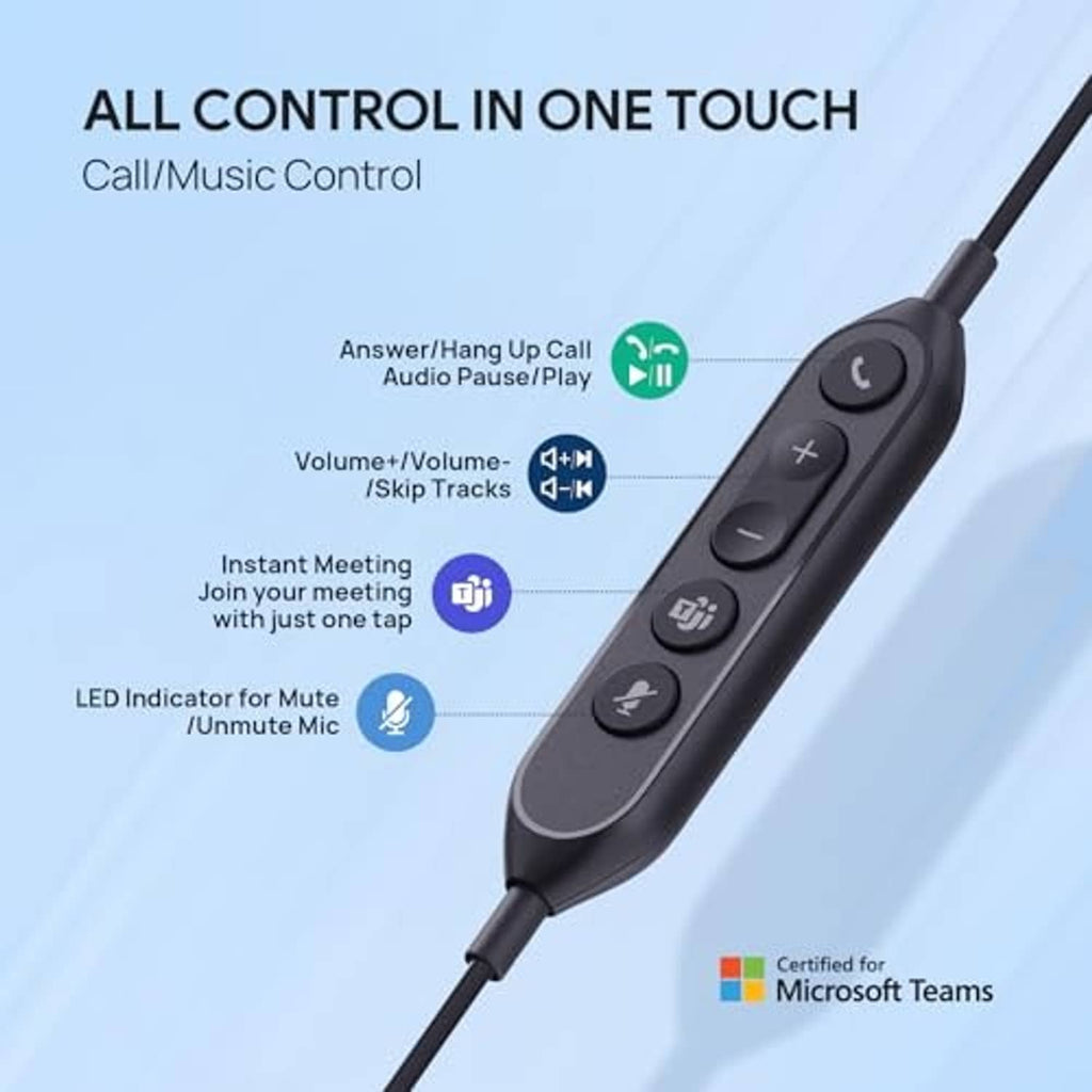 Black wired headset with boom mic and inline control panel with call buttons