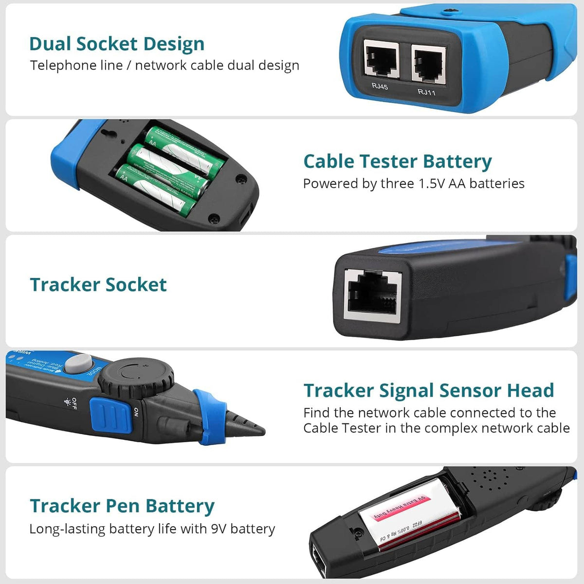 Blue cable tester accessories with dual RJ45 sockets, battery compartment, and tracker sensor