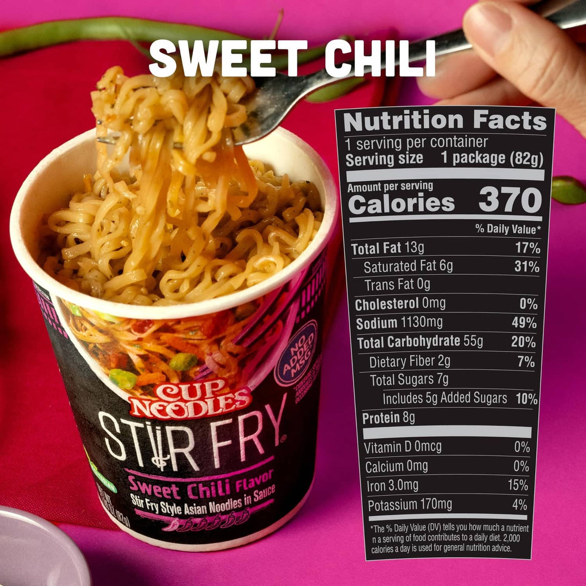 Sweet chili flavor Cup Noodles Stir Fry cup with noodles and Nutrition Facts panel