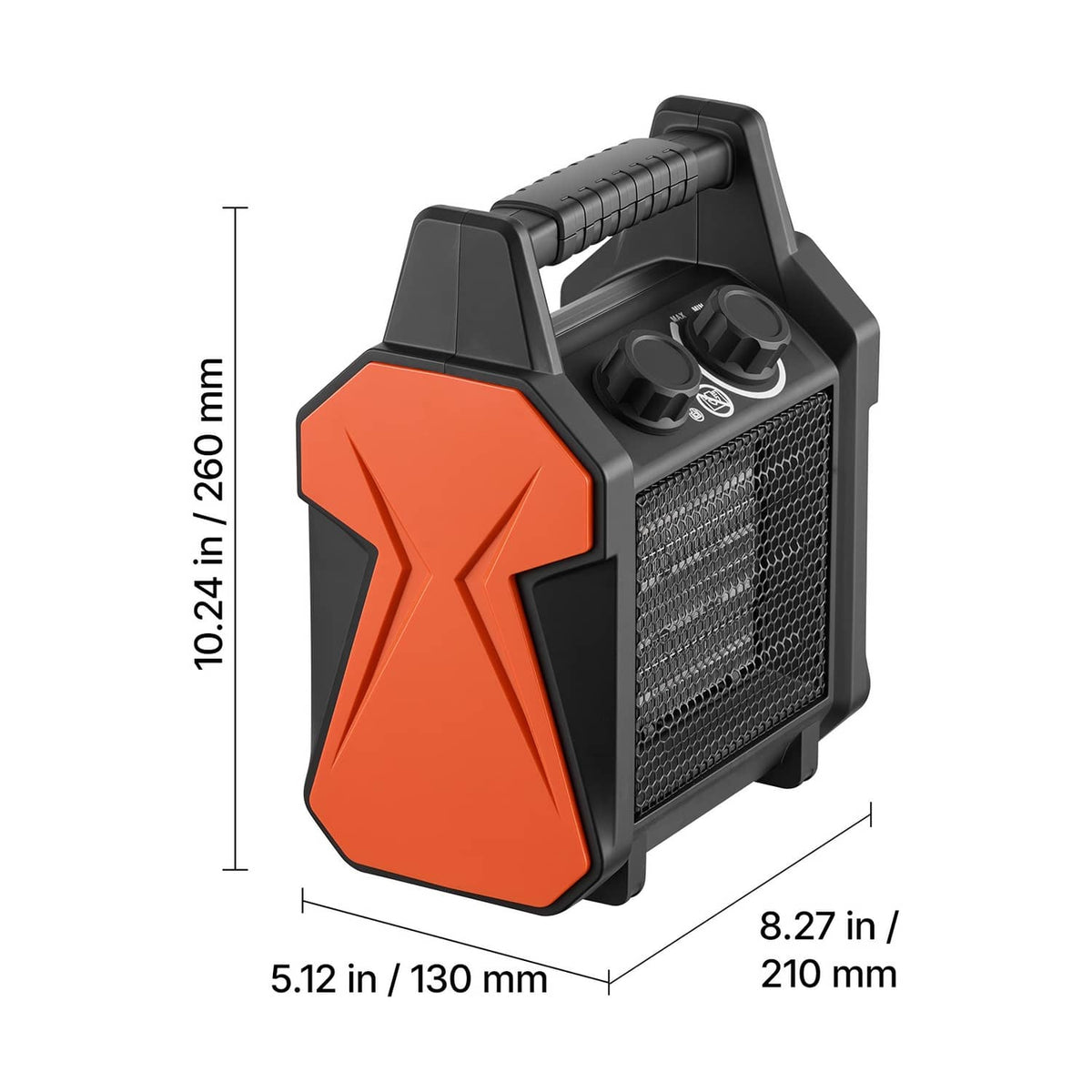 Compact portable electric greenhouse heater in orange and black, angled view with handle