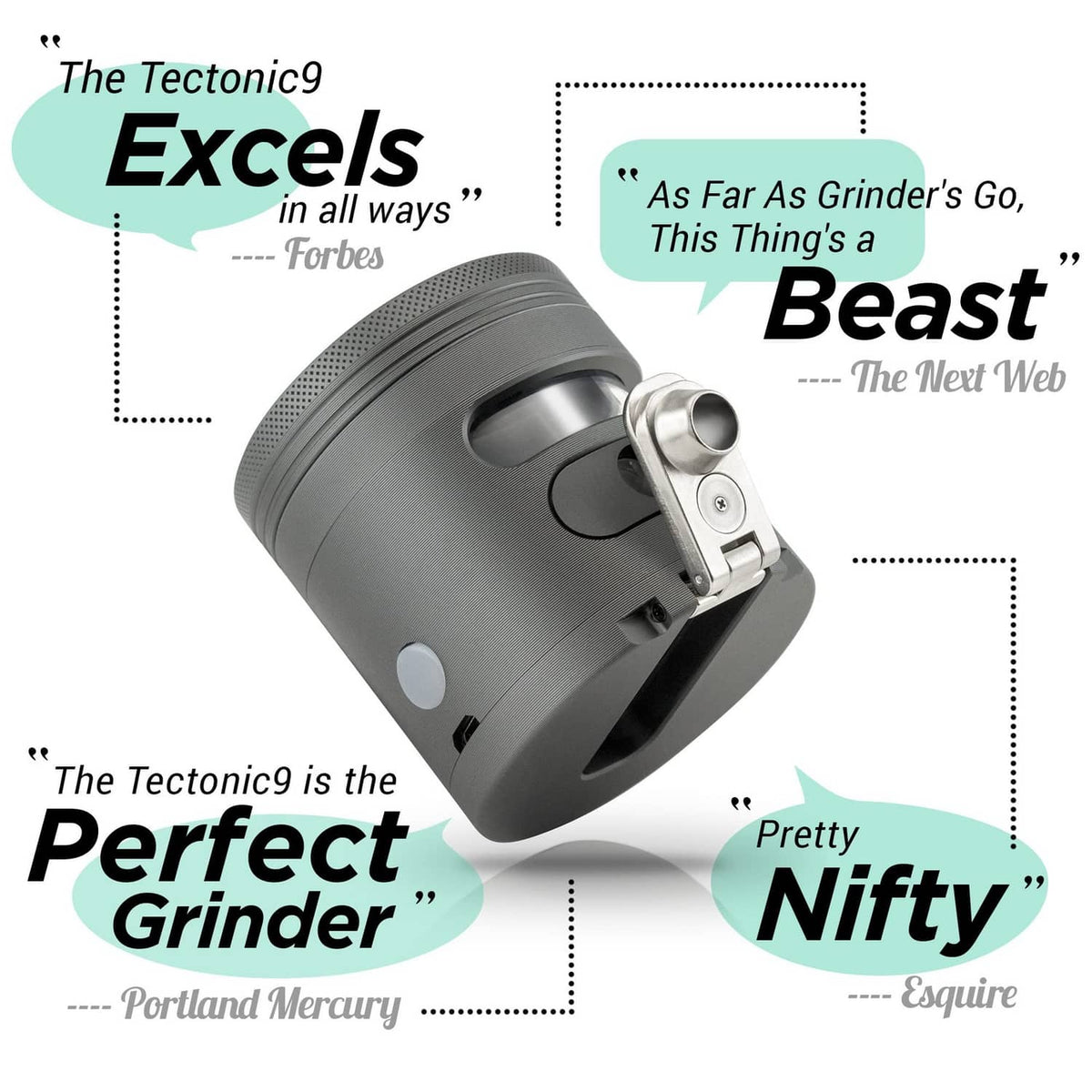 Black automatic grinder dispenser tilted view with side metal chute and purple LED window