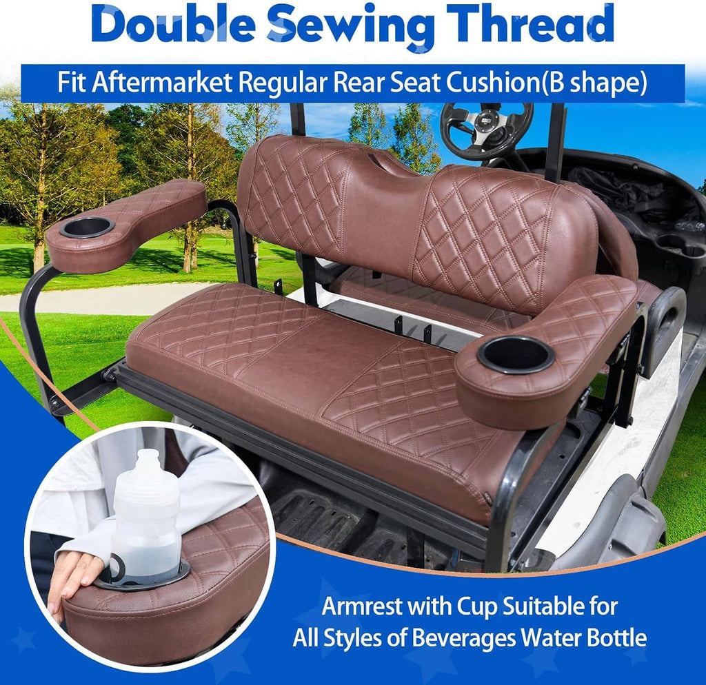 Brown quilted rear golf cart seat cover with padded armrests and cup holder