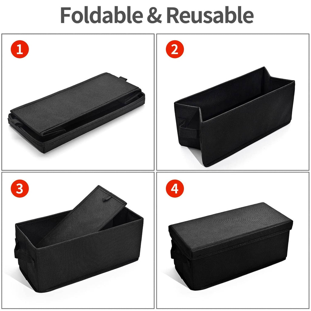 Foldable black fabric CD storage box with hinged lid and front clasp flap
