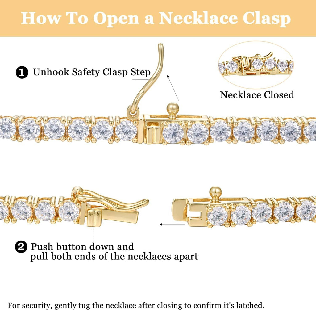 CZ tennis necklace clasp detail with gold-tone safety clasp mechanism
