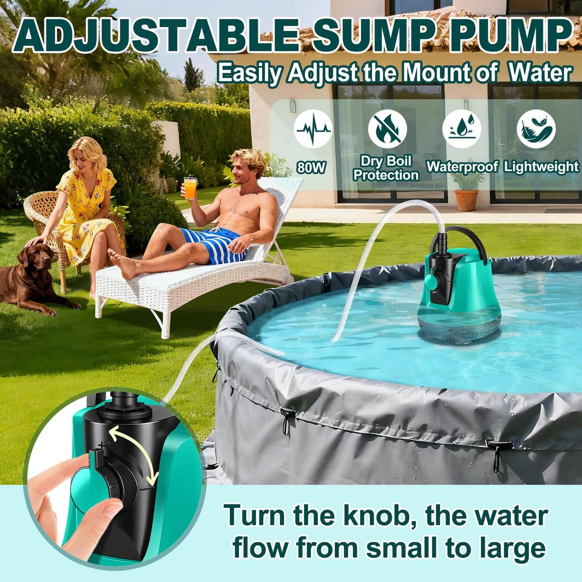 Teal submersible sump pump spraying water from a hose connected to an above-ground pool