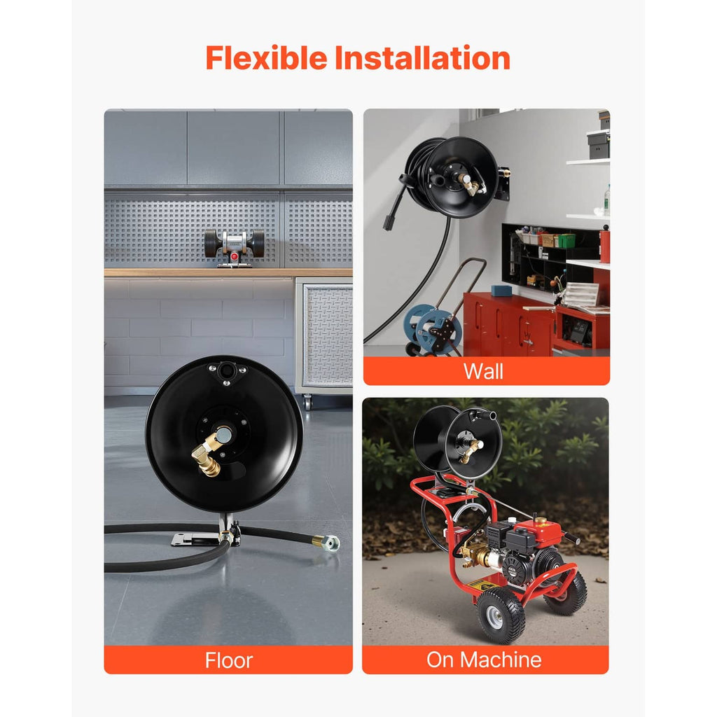 Black pressure washer hose reel shown for wall or machine mounting