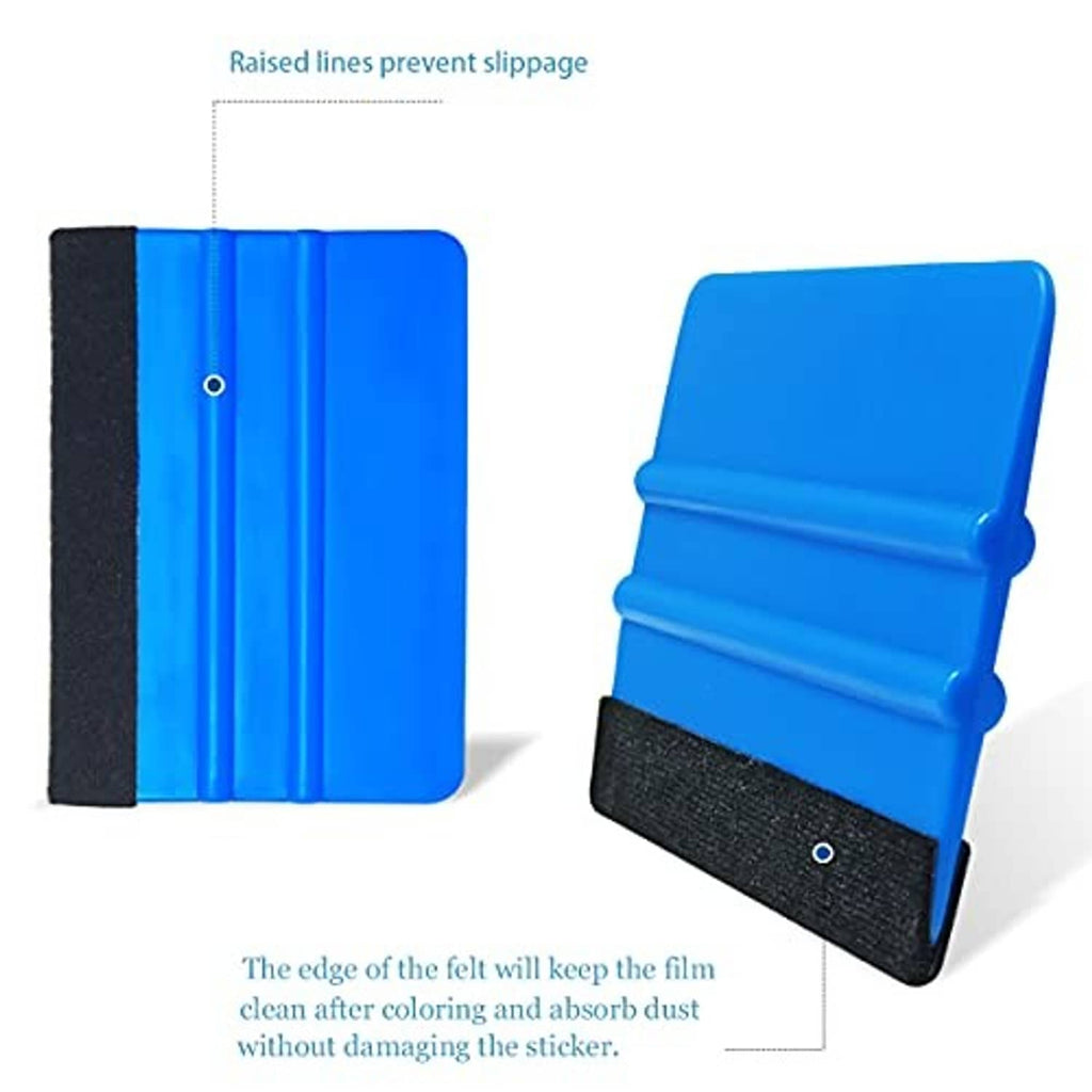 Blue squeegee tool with black felt edge and textured raised pattern on handle